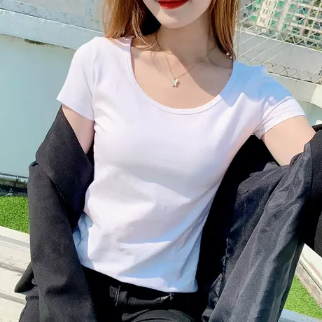 纯棉白色短袖t恤女正肩春夏上衣圆领百搭修身显瘦体恤新款内搭潮商品大图