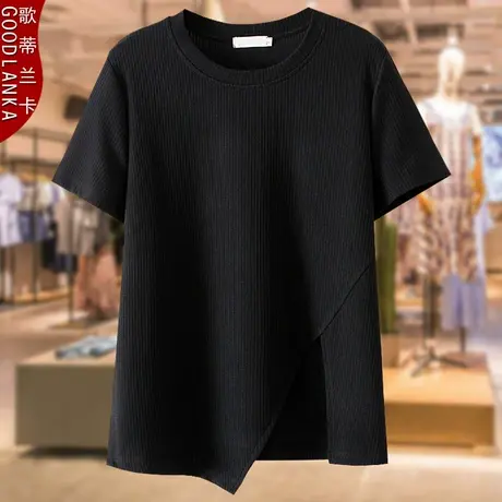 年轻气质妈妈夏装短袖上衣不规则开叉小衫加肥加大码女装坑条T恤商品大图