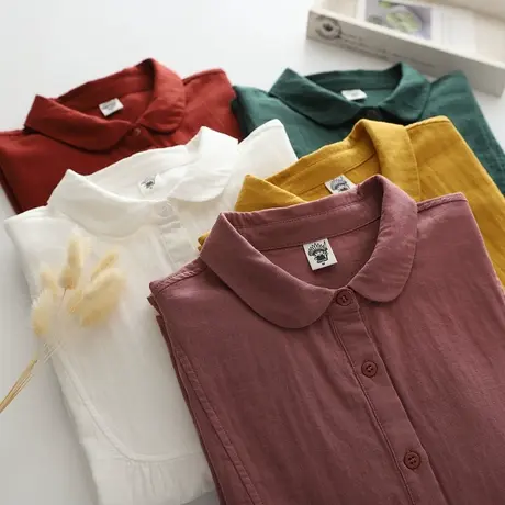 春秋装日系文艺简约宽松双层纱纯棉长袖白衬衫女学生百搭打底上衣图片