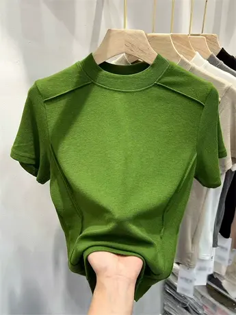 纯色半高领T恤明线短袖针织上衣2023春夏女装新品百搭修身打底衫图片