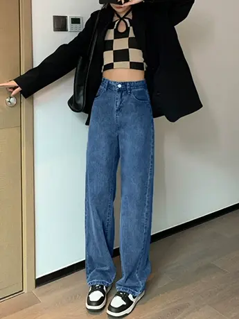 薄款小个子阔腿牛仔裤女春秋2023年新款高腰宽松显瘦拖地直筒裤子商品大图