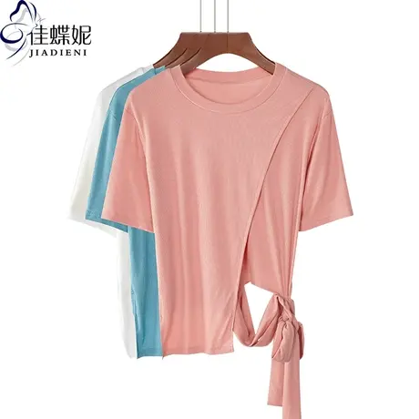夏季新款圆领不规则下摆绑带宽松短袖五分袖百搭气质短款T恤上衣商品大图
