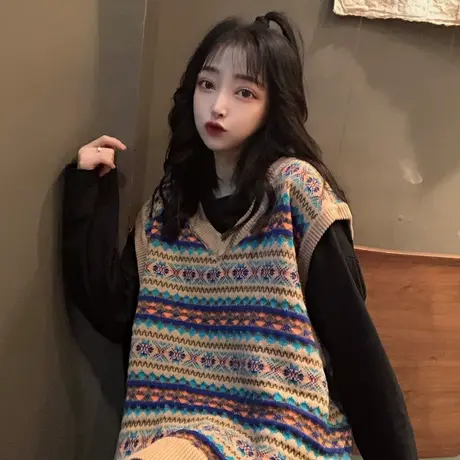 日系复古v领春秋季针织慵懒港风宽松外穿无袖套头毛衣背心马甲女商品大图