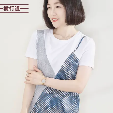 圆领拼接款宽松短袖T恤女2023新款夏装纯色拼色休闲上衣大码外穿图片