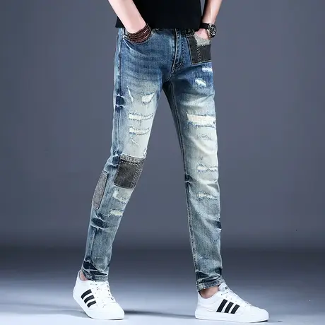 美式高街破洞补丁牛仔裤男款2023年网红爆款裤子修身小脚秋款薄款商品大图