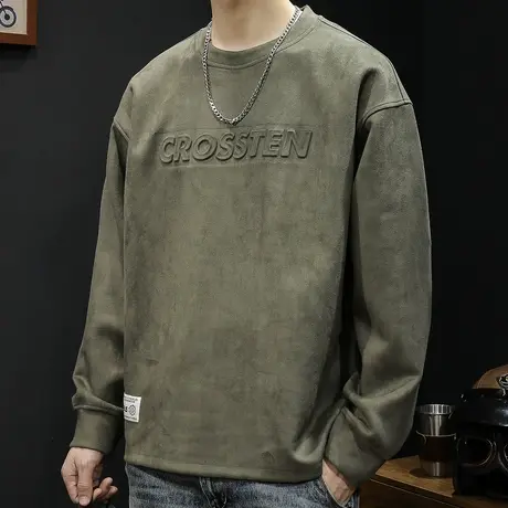 圆领加绒卫衣男麂皮绒秋冬潮牌大码2023新款男士冬款长袖上衣秋季商品大图