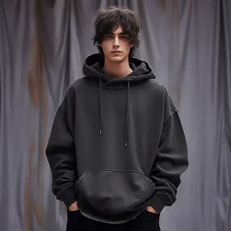 灰色重磅卫衣大码秋冬款连帽加绒胖子纯色外套男春秋潮牌宽松男生商品大图