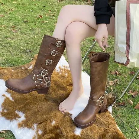 走秀款皮带扣粗跟马丁靴女2023年春夏复古不过膝长筒靴西部靴子商品大图