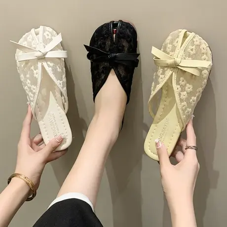 包头半拖鞋女外穿2023夏季新款蝴蝶结网纱软底防滑一脚蹬孕妇拖鞋图片