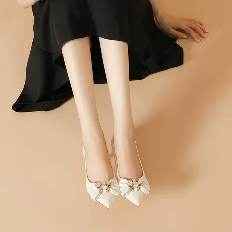 2023年春季新款法式气质蝴蝶结水钻高跟鞋女细跟浅口百搭尖头单鞋商品大图