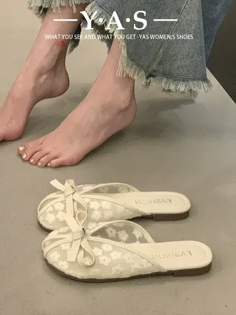 包头凉拖鞋女夏外穿蝴蝶结加绒蕾丝刺绣软底防滑毛毛半拖鞋小香风图片