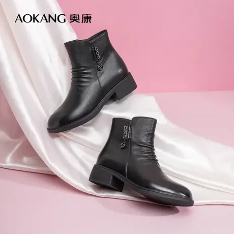 【门店发货】奥康女鞋 2022冬季新款真皮靴子粗跟百搭日常妈妈鞋商品大图