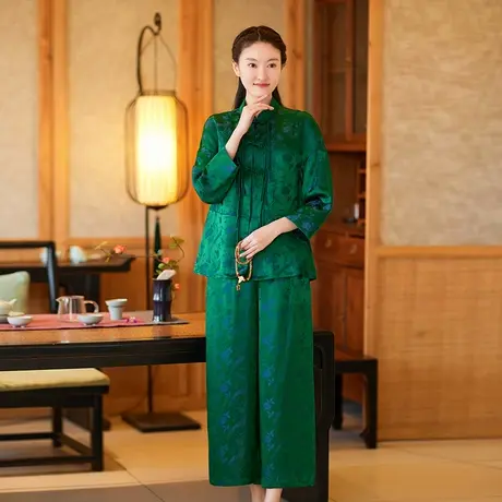 素飞新中式女装绿色套装手工盘扣上衣改良唐装女中国风禅意茶服夏商品大图