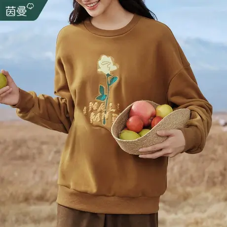 茵曼加绒加厚圆领套头卫衣女2023年冬季新款宽松百搭保暖长袖上衣图片
