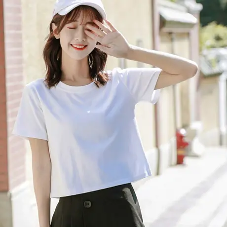 2023年春夏季新款女装设计感小众短款纯色上衣服ins潮白色短袖t恤图片