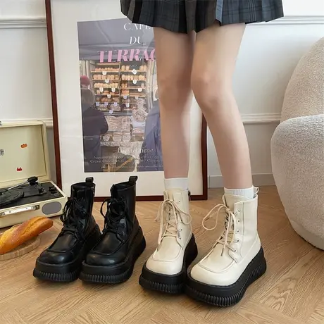 厚底增高马丁靴女2023年新款秋冬季配裙子靴子英伦风炸街小众短靴商品大图