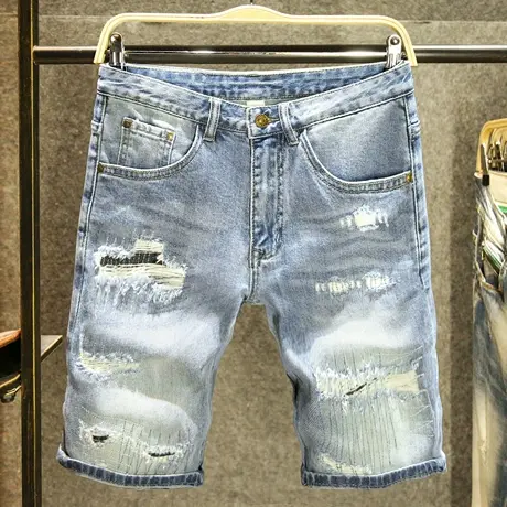 夏季潮牌个性破洞牛仔短裤男士宽松五分裤子时尚补丁乞丐中裤薄款商品大图