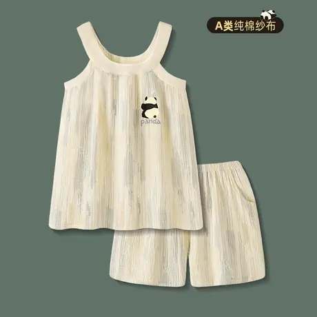 吊带睡衣女款2025新款夏A类纯棉纱布短裤套装夏季熊猫情侣家居服商品大图