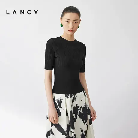 LANCY/朗姿2024夏季新款短袖修身套头针织衫女气质显瘦百搭短上衣商品大图