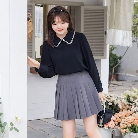 黑色娃娃领衬衫女款2023年秋装新款套头打底长袖上衣显瘦大码胖mm图片