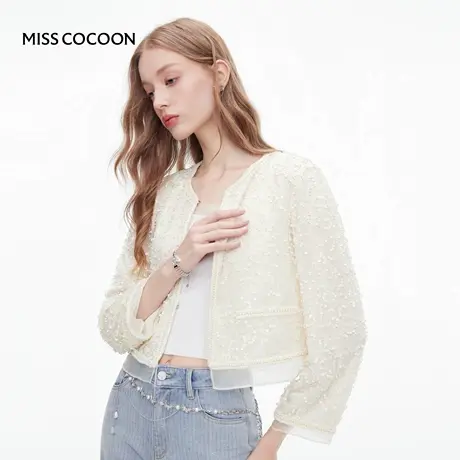 MISSCOCOON可可尼白色上衣女2025秋季新款小香风亮片小众短外套图片