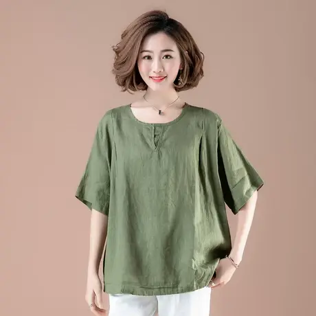 宽松亚麻短袖女上衣夏季加肥加大码女装衬衣中年妈妈装半袖女T恤商品大图