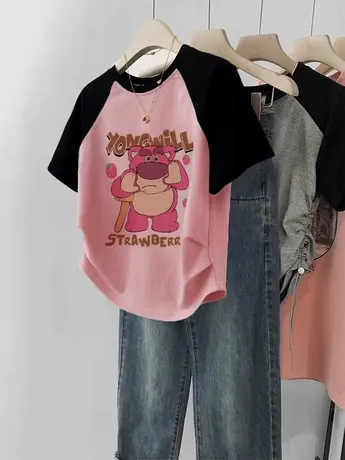 港风ins潮卡通T恤女短款插肩袖上衣夏多巴胺穿搭chic减龄休闲短袖商品大图