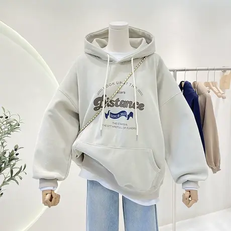 美式复古oversize加绒连帽卫衣女秋冬百搭新款宽松ins潮外套上衣商品大图
