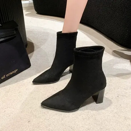 靴子女2023新款复古时装瘦瘦靴高级感弹力粗跟高跟法式尖头马丁靴图片