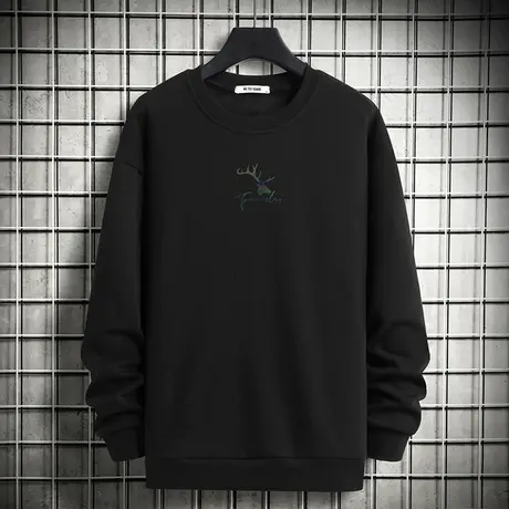 黑色卫衣男套头无帽上衣摇粒绒加绒加厚宽松潮流百搭圆领长袖t恤商品大图