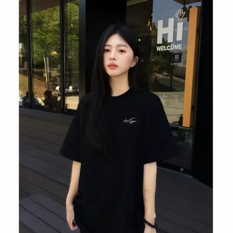 高级感韩系简约风纯棉黑色短袖t恤女2025夏季新款宽松显瘦上衣潮图片