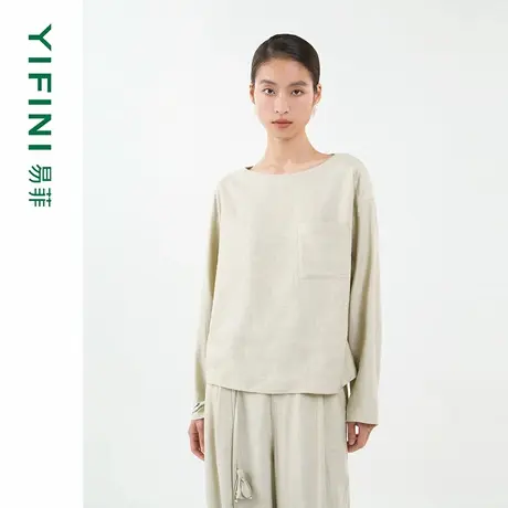 [专柜同款]Yifini/易菲文艺高级感天丝麻棉气质宽松短款小衫上衣图片