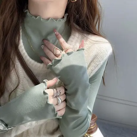 木耳边半高领内搭打底衫女秋季韩版修身显瘦洋气百搭长袖T恤上衣商品大图