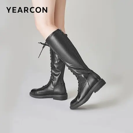 意尔康绑带骑士靴女2025秋冬款显瘦马丁靴不过膝皮靴厚底长筒靴子图片