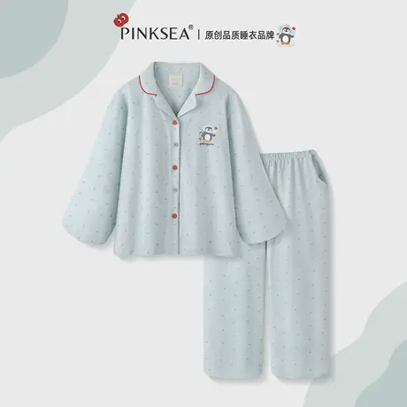 【超柔软】纯棉睡衣女款长袖长裤可爱卡通蓝色家居服可外穿套装商品大图