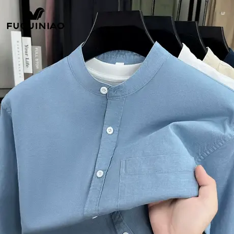 富贵鸟长袖衬衫男士棉麻立领上衣服2025年秋季新款高端衬衣外套男商品大图