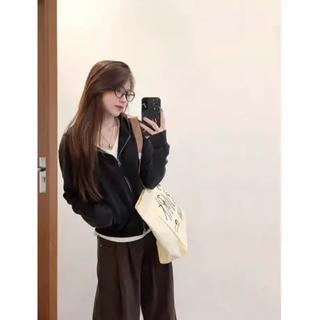 黑色连帽拉链短款重磅卫衣外套女2025秋季小个子巨好看正肩上衣潮商品大图