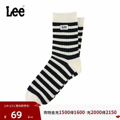 Lee韩国设计25秋冬新品舒适版织标Logo透气吸汗黑白条纹女中筒袜商品大图
