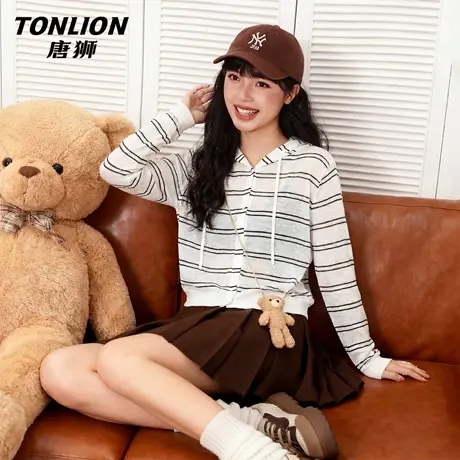 唐狮官方连帽外套女2026新款春夏款条纹短款小个子罩衫薄纱上衣VC图片