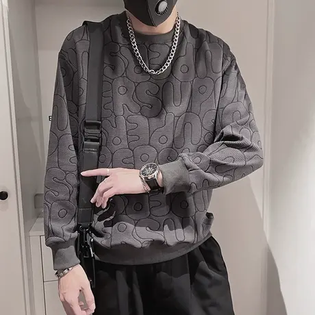 春秋季潮牌字母提花圆领卫衣男长袖秋装上衣2023新款休闲T恤外套商品大图