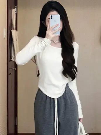 短款长袖t恤女2023新款春秋装冬季白色内搭打底衫辣妹甜辣小上衣商品大图
