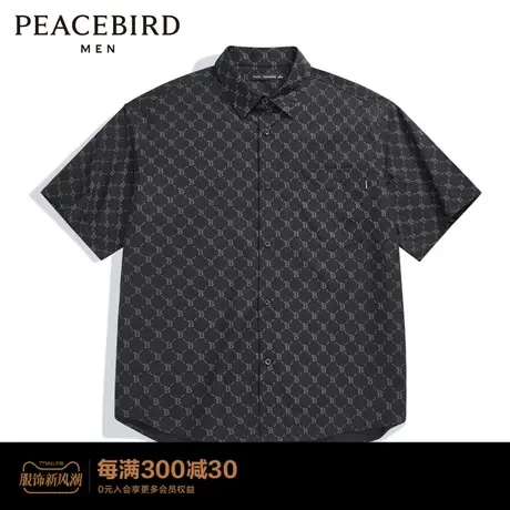 太平鸟男装 老花满印黑色衬衫男2023年夏季新款潮流宽松短袖衬衣商品大图