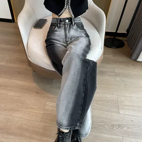 黑色牛仔裤女设计感高腰直筒2023年春秋季新款垂感拖地宽松阔腿裤图片