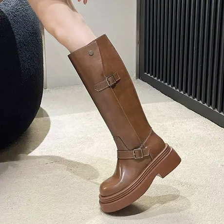 长筒靴女高跟2023年新款春秋季高筒靴子复古炸街百搭西部牛仔靴潮图片