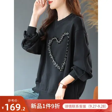 宝诗黎圆领钉珠立体装饰慵懒卫衣2023秋季新款百搭宽松上衣女长袖商品大图