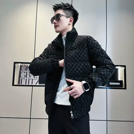 冬季爆款满印棉服外套男ins潮牌立领短款防寒加厚冬装棉袄棉衣图片