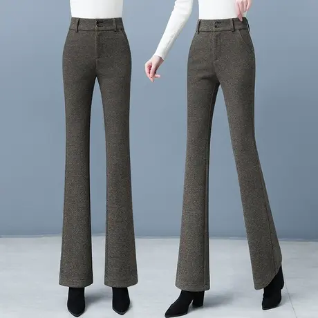 人字纹毛呢微喇裤女高腰弹力2023年秋冬季加绒加厚保暖修身喇叭裤商品大图