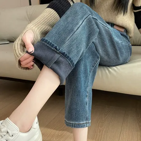 高腰直筒九分牛仔裤女2023秋冬新款黑色显瘦加绒加厚小个子烟管裤商品大图