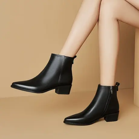 真皮头层牛皮尖头踝靴韩版时装靴粗跟中跟短靴子皮里透气新款皮靴图片