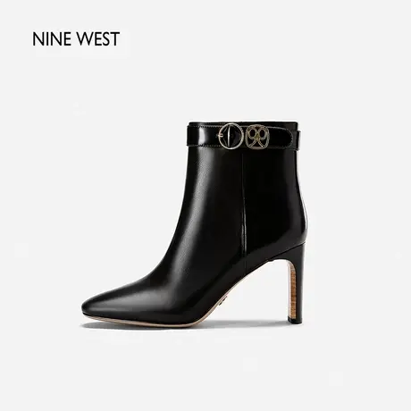 Nine West/玖熙短靴女高跟鞋2023年秋冬新款胎牛皮小方头拉链靴子图片